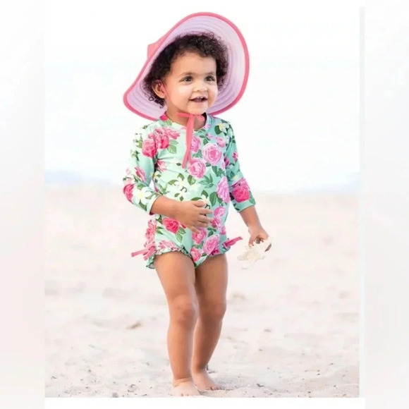 EUC Ruffle Butts Rosy Sweetheart One Piece Rash Guard Floral 6-12 months - Picture 1 of 10